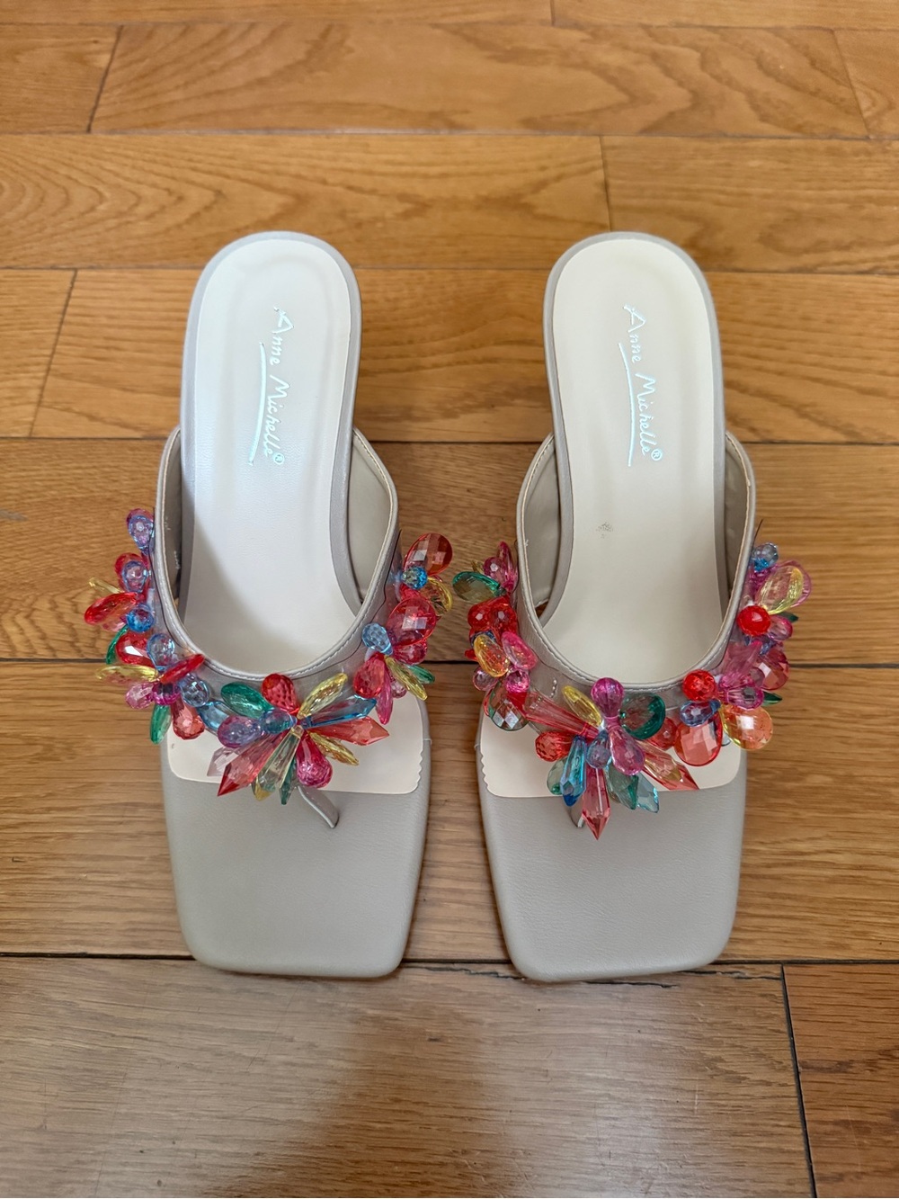 Anne Michelle Cream Mules with Multicolor Crystal Floral Embellishments